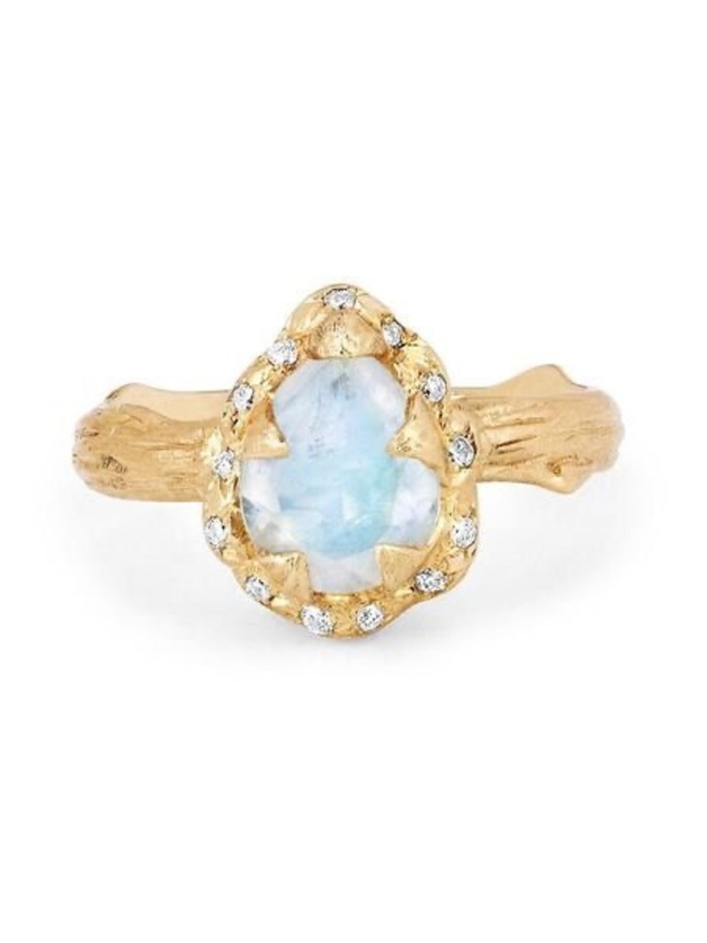 Logan Hollowell micro queen water drop moonstone ring with diamond halo 14k gold
